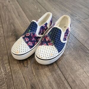Women's Slip On Canvas Shoes Floral Print Black Dot Patchwork Size 10